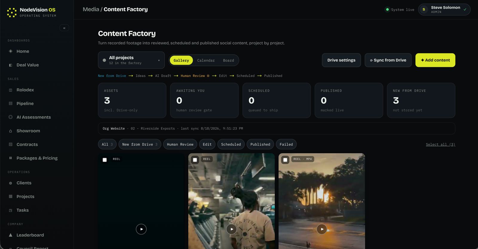 NodeVision OS Content Factory, turning recorded footage into reviewed, scheduled and published social content.
