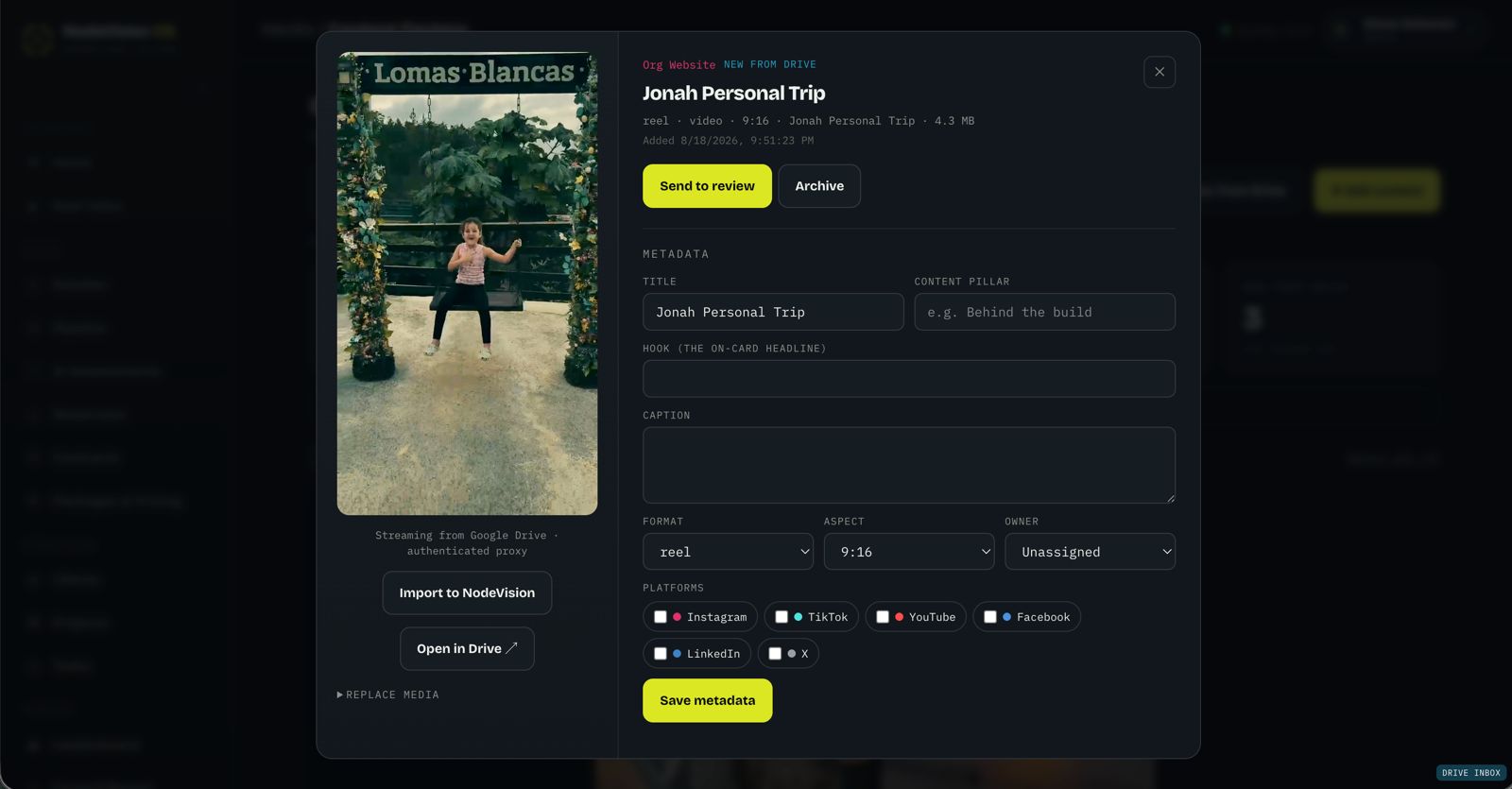 NodeVision OS content record for a personal-trip reel, with its metadata, format and publishing platforms.