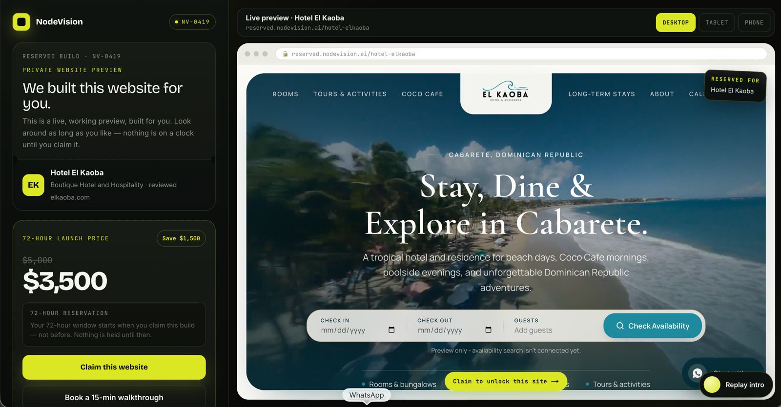 A NodeVision reserved-build preview: a live website built for a hotel, with the 72-hour launch offer beside it.