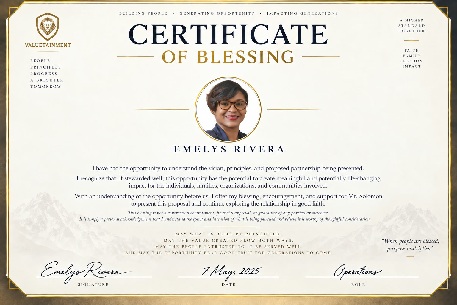 Certificate of Blessing for the proposal, signed by Emelys Rivera, Operations, dated May 7, 2025.