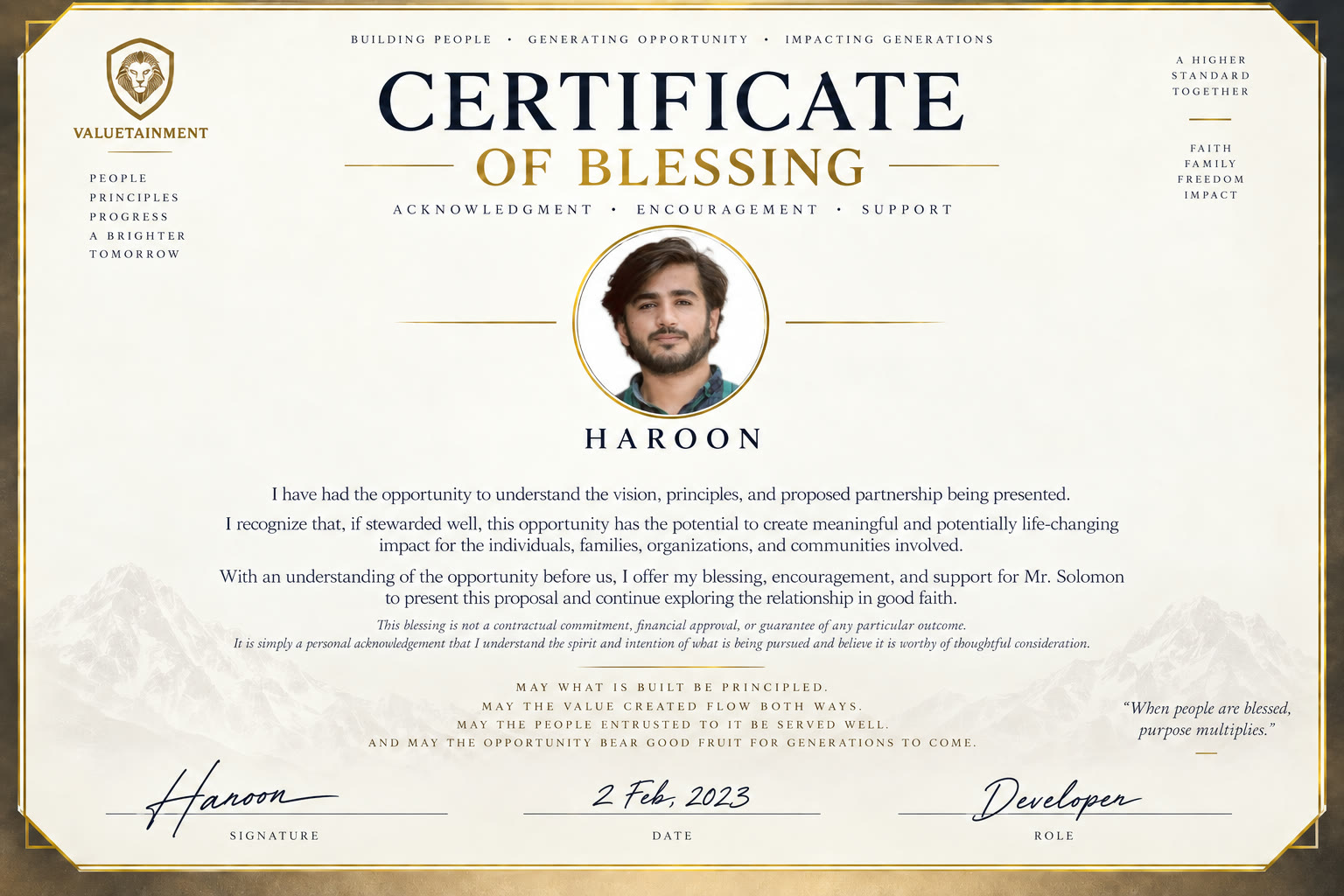 Certificate of Blessing for the proposal, signed by Haroon, Developer, dated February 2, 2023.