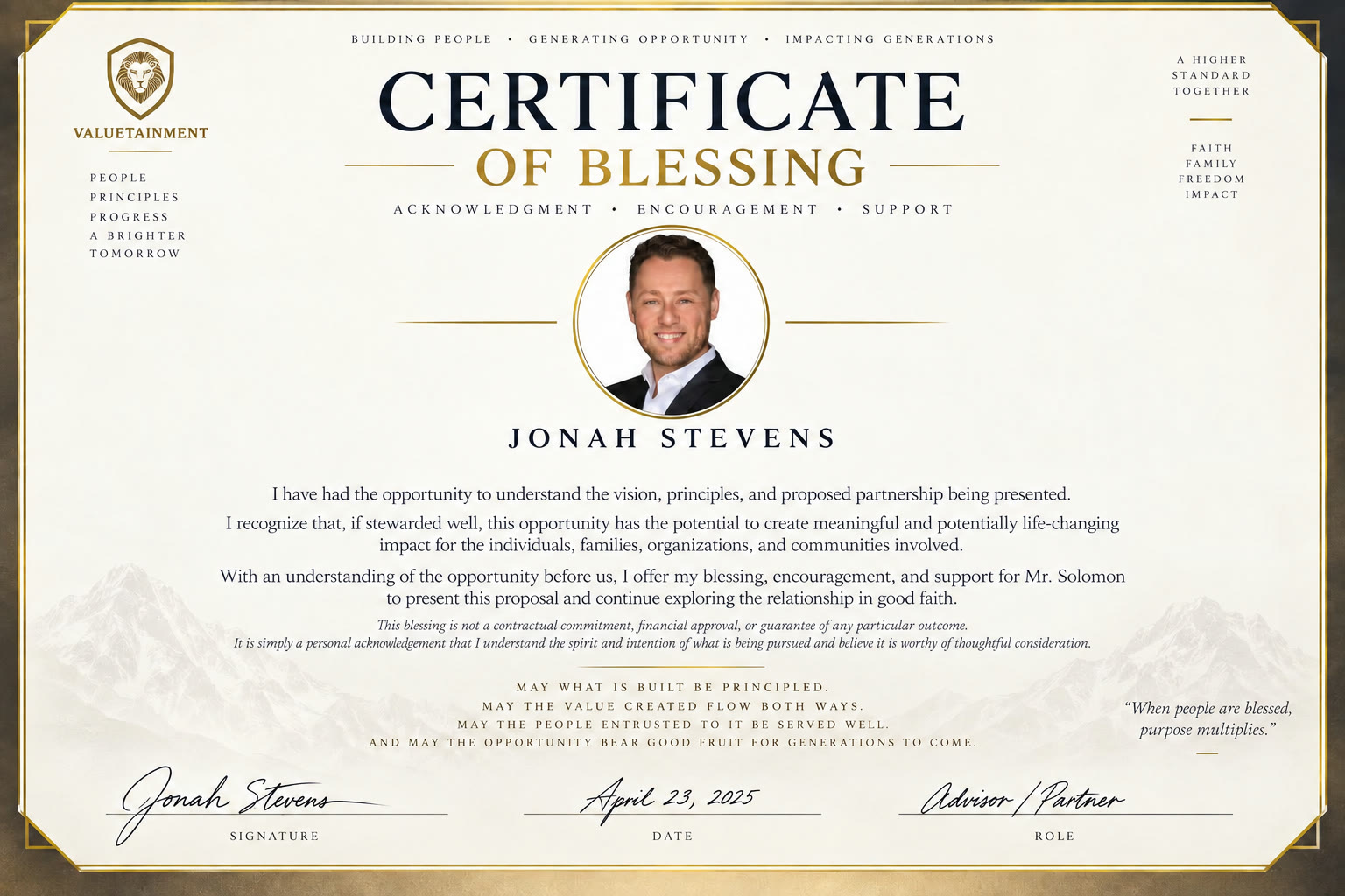 Certificate of Blessing for the proposal, signed by Jonah Stevens, Advisor and Partner, dated April 23, 2025.