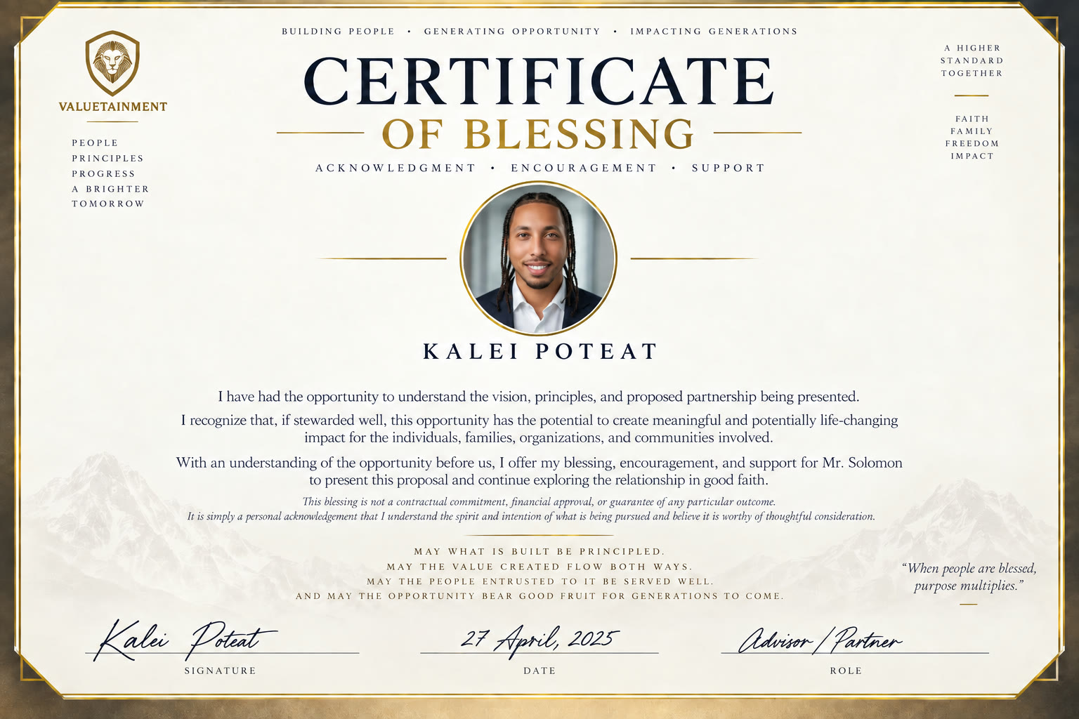Certificate of Blessing for the proposal, signed by Kalei Poteat, Advisor and Partner, dated April 27, 2025.