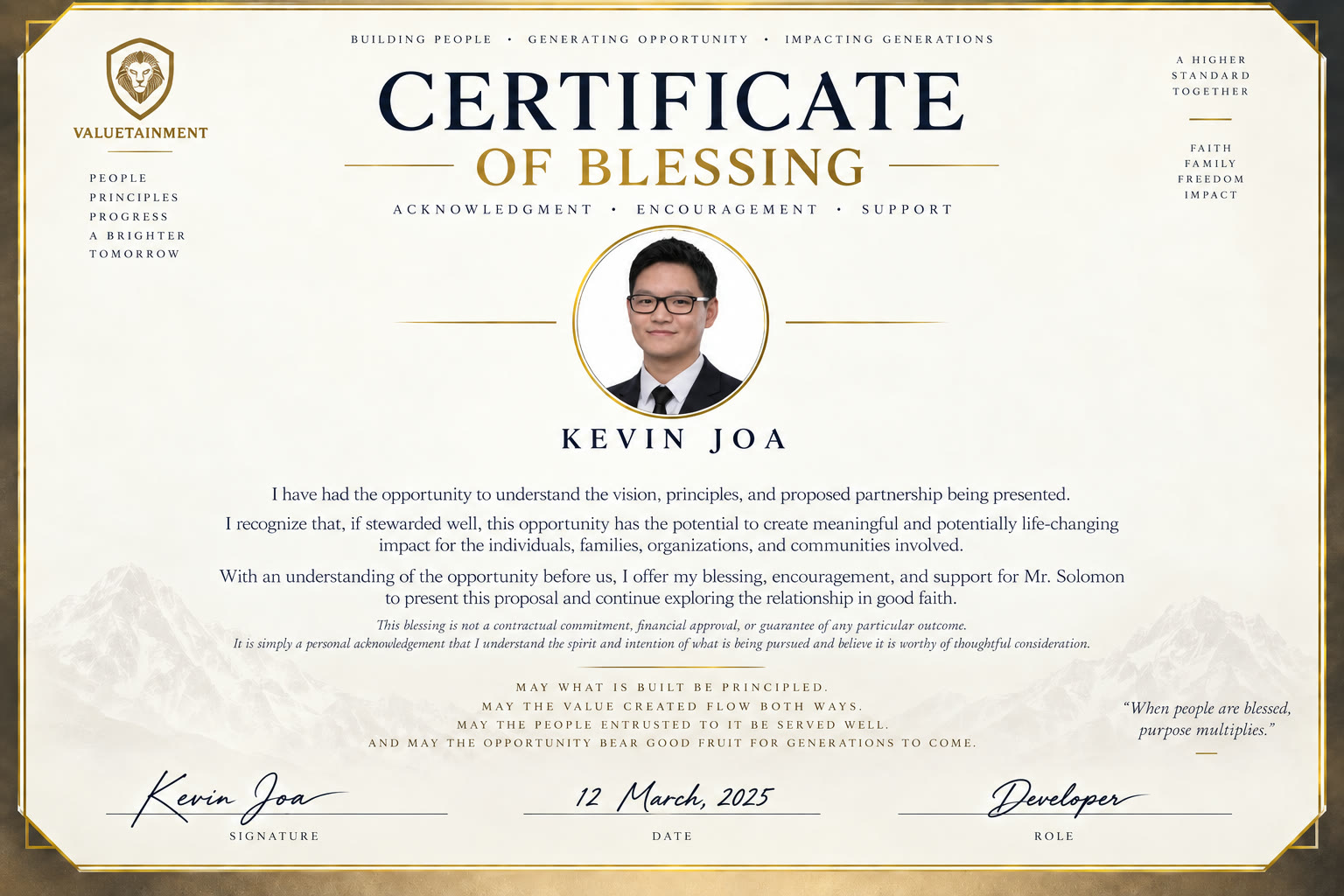Certificate of Blessing for the proposal, signed by Kevin Joa, Developer, dated March 12, 2025.